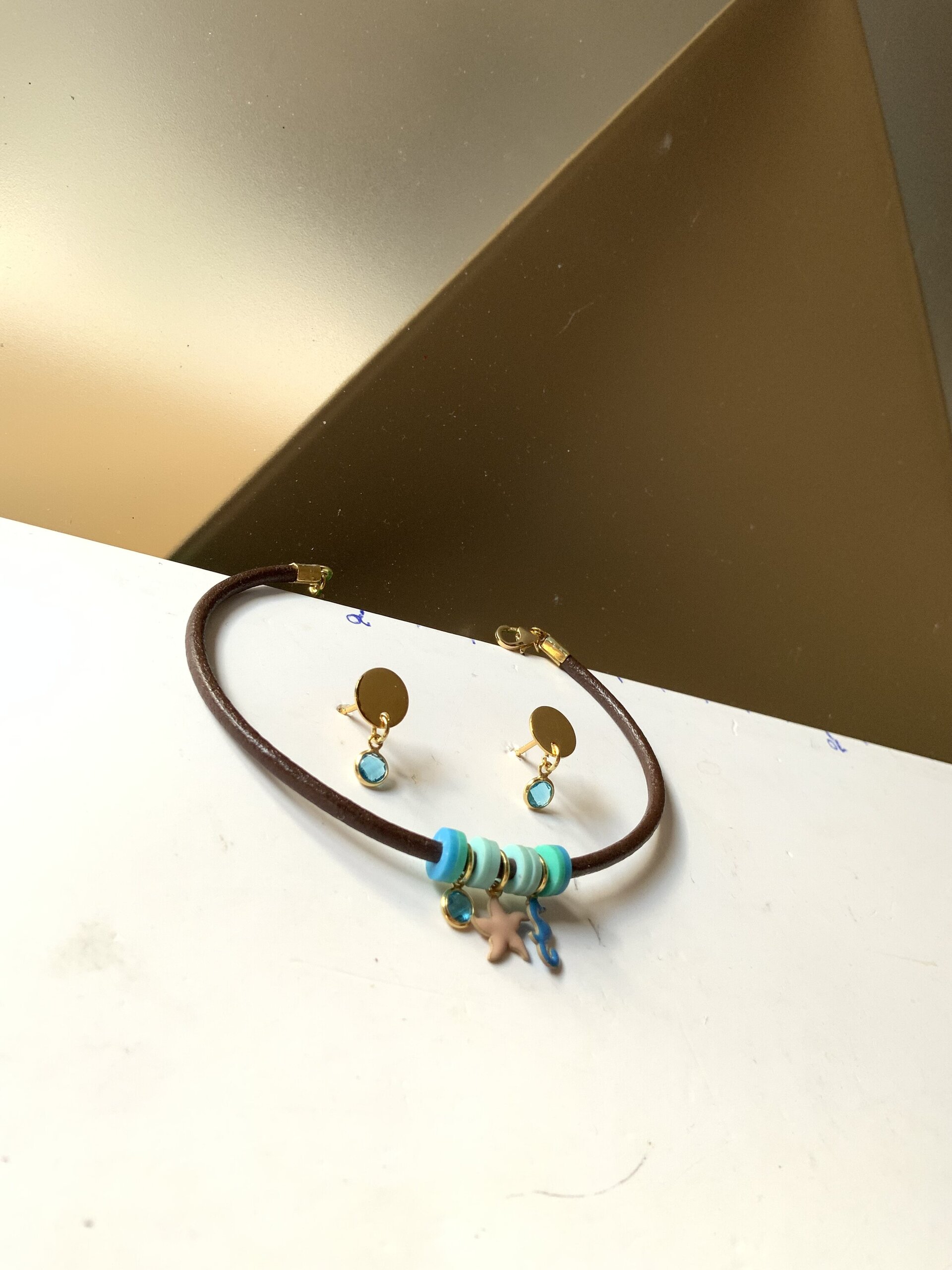 Conjunto de Pendientes de Circonita Aguamarina y Pulsera de Cuero con Charms Mar - 5